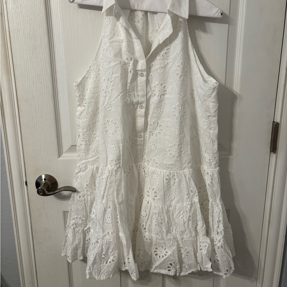 Talulah White Eyelet Sleeveless Dress with collar and button front. NWOT